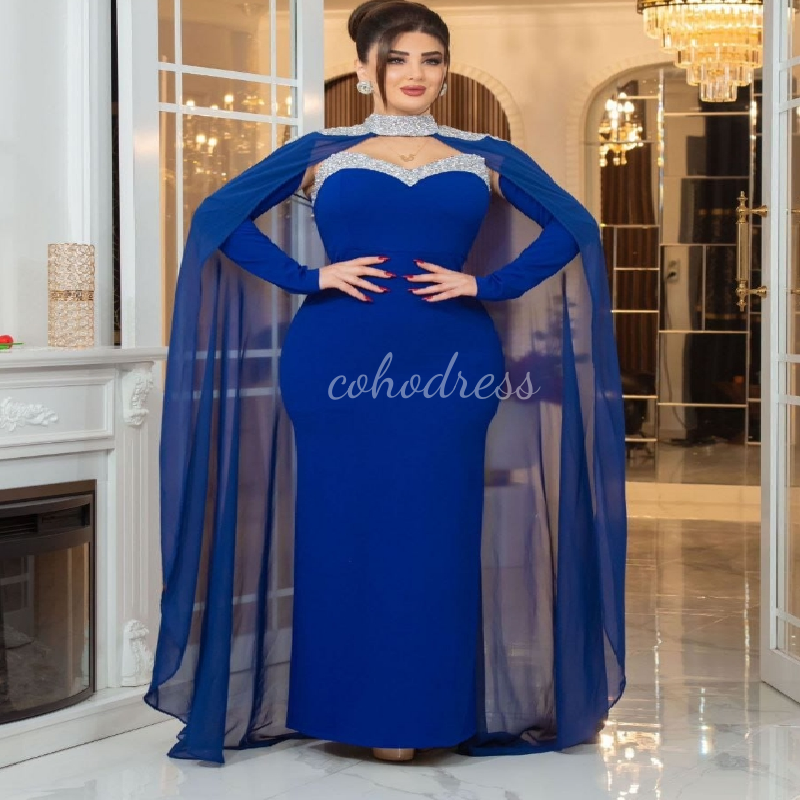Gorgeous Royal Blue Mermaid Evening Dress With Cape 2025 Plus Size Beaded Arabic Dubai Prom Dress Formal Ceremony Gown For Special Exquisite Arabian I