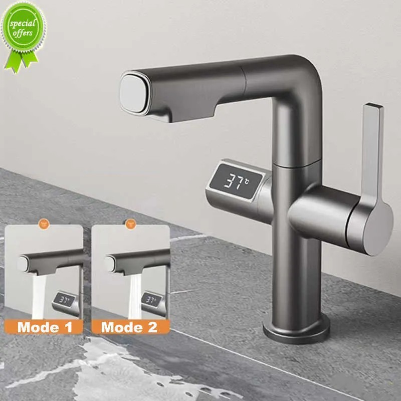 LCD Digital Display Bathroom Basin Faucet Pull out Basin Tap Hot Cold Bathroom Kitchen Faucet Brass Deck Mount Sink Mixer Tap