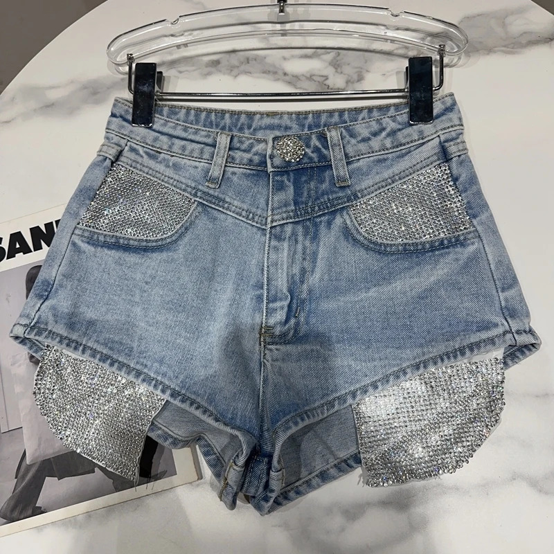 PREPOMP Summer Collection Rhinestone Pockets Light Blue Denim Shorts Women Slim Short Jeans GF468 250217