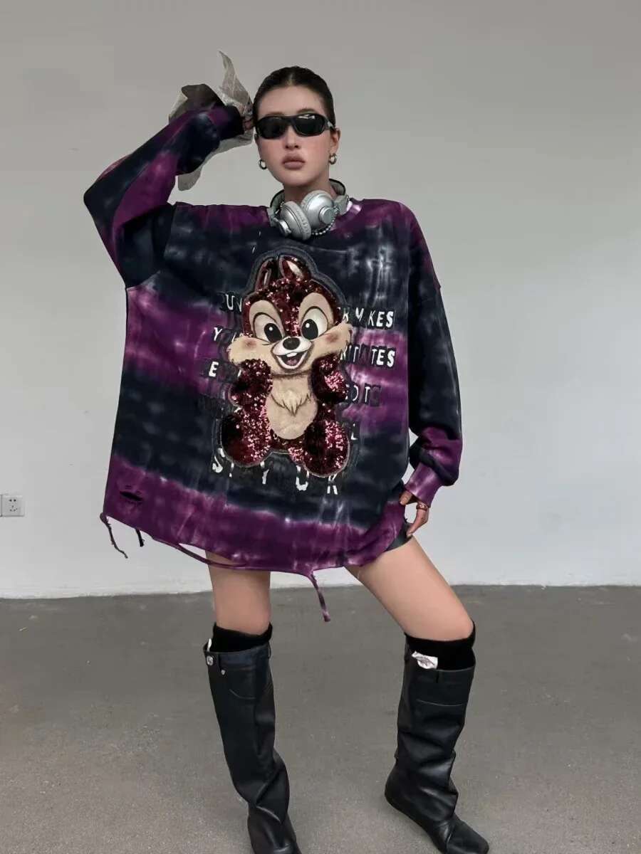 Heavy Industry Sequined Tie-dye Cartoon Squirrel Sweatshirts 2024 Autumn New Loose Fashion Mid Length Top Streetwear Women