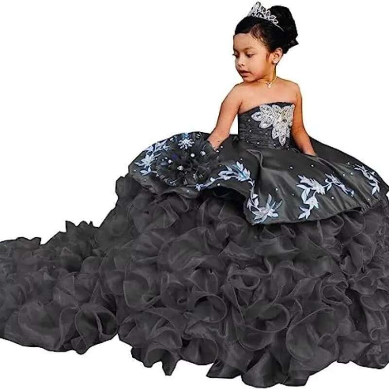 EVLAST Customized Royal Blue Cute Wer Girl For Weddings Applique Beaded Ruffles Pageant Gown First Communion Dress Fd01