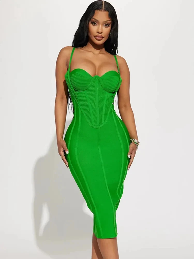 Celebrity Women Summer Sexy Sleeveless Backless Green Midi Bodycon Bandage Dress Elegant Evening Club Party Dress 250218