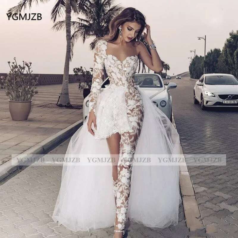 Sexy Short Boho Bohemian Wedding Dress Lace Jumpsuit for Bride One Long Sleeves with Detachable Train Bridal Gowns
