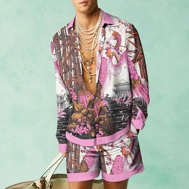 2023 Men Fashion Long Sleeve Shirt Set Hawaiian Summer Casual Beach Clothing Vacation Wear 3D Floral Printing 2 Piece Tops PantsXJ250218