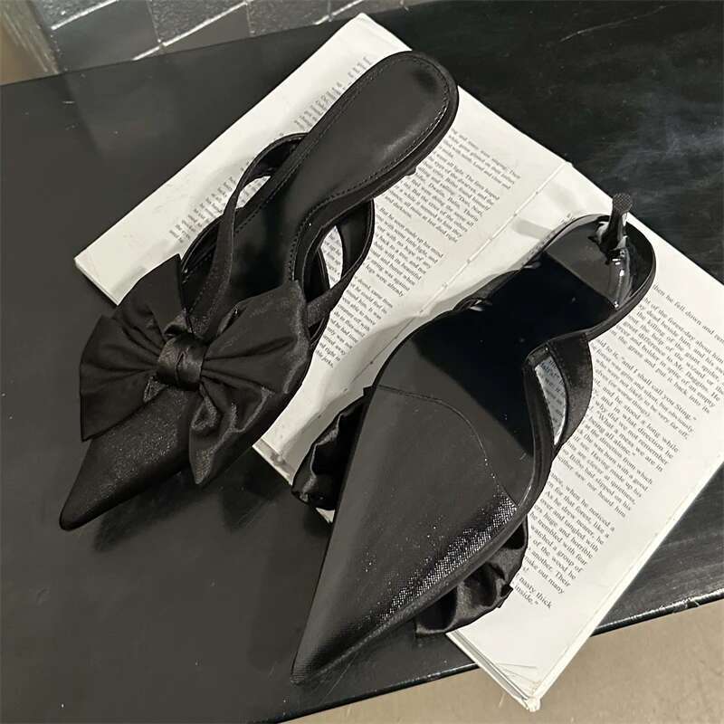 Spring Big Butterfly-knot Hollow Out Women Slippers Sandals Pointed Toe High Heel Pumps Mules Ladies Stripper Shoe