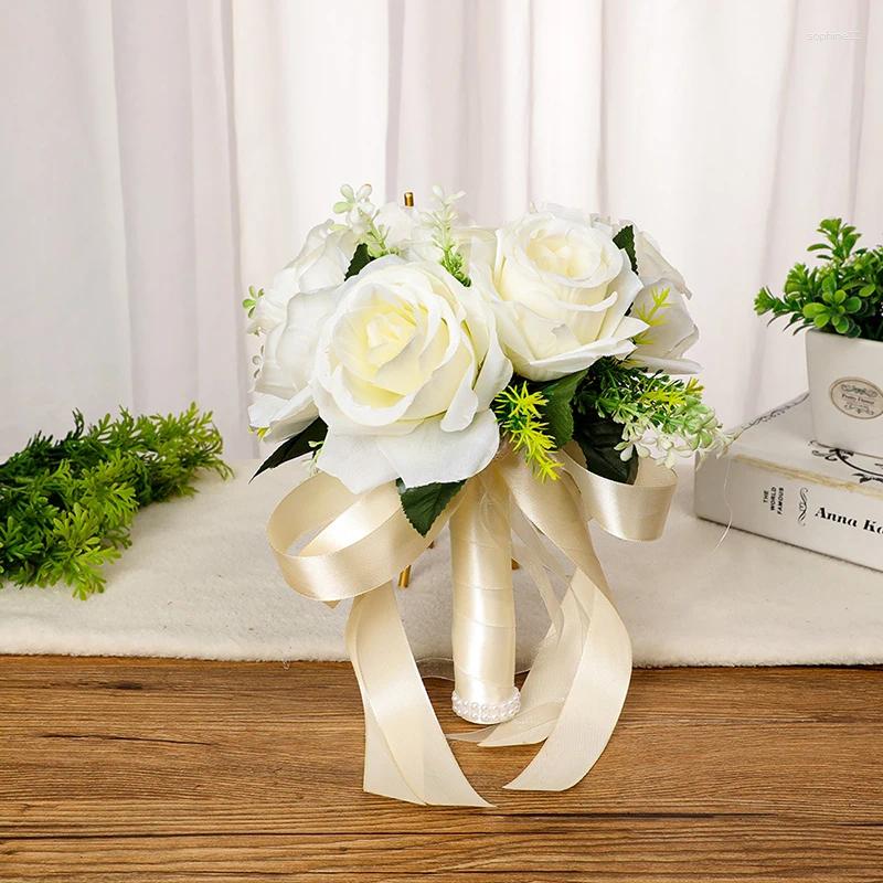 Update Decorative Flowers Silk Wedding Bouquets Holding Artificial Natural Rose Bouquet White Champagne Bridesmaid Bridal Party