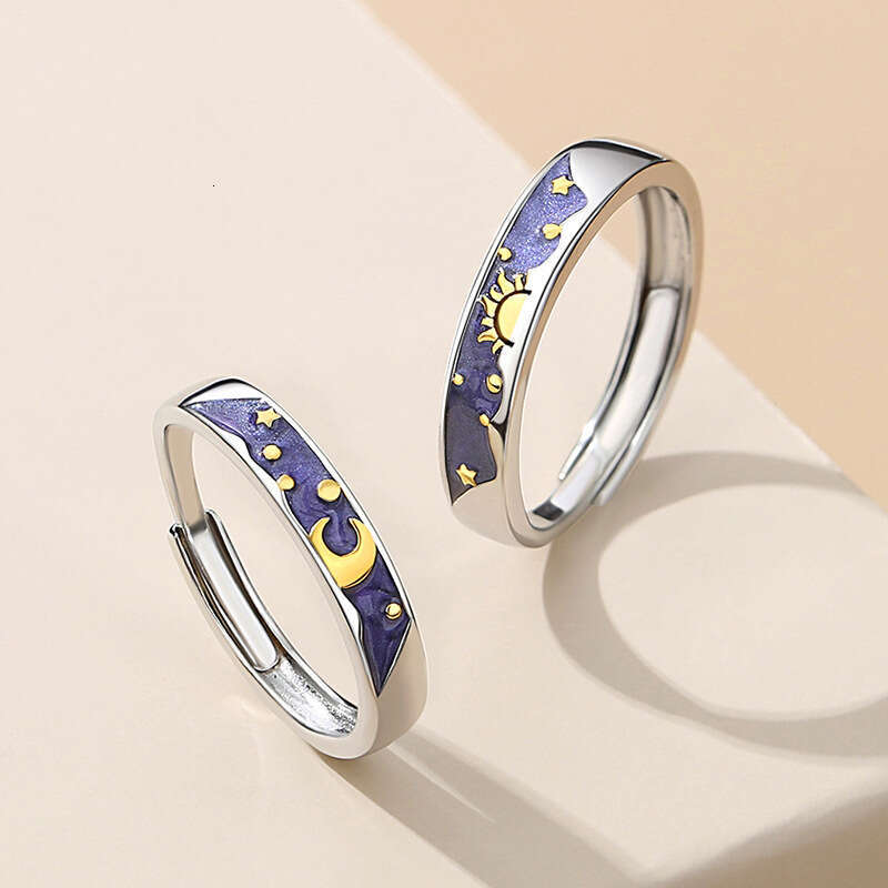 Day night longing couple ring, pure silver pair men women, sun and moon rings, niche birthday gift for girlfriend