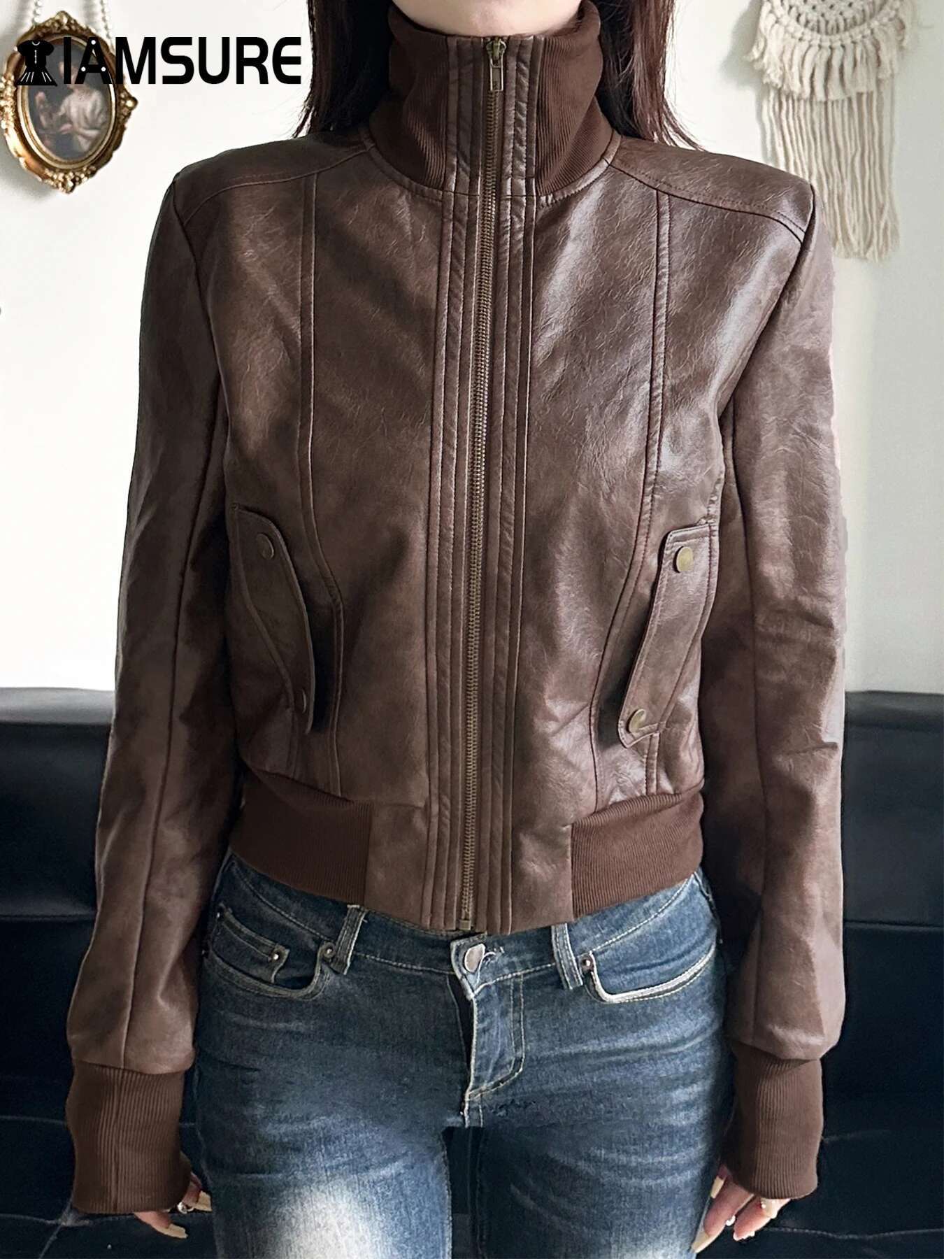 IAMSURE Safari Style Big Pockets Jackets Casual Pu Leather Turn-Down Collar Long Sleeve Coats Women 2024 Autumn Winter Fashion