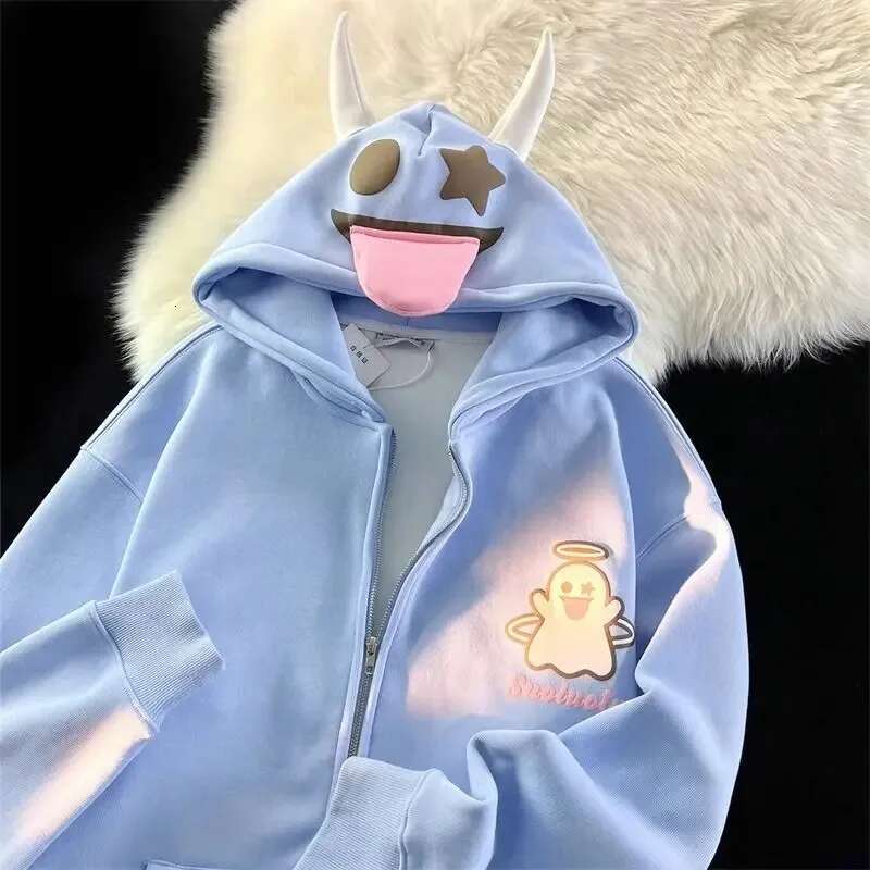 Devil Horn Hooded Top Women And Men Couple Loose Oversized Sweatshirt Anime Casual Zip up Hoodie Y2k Vintage Streetwear