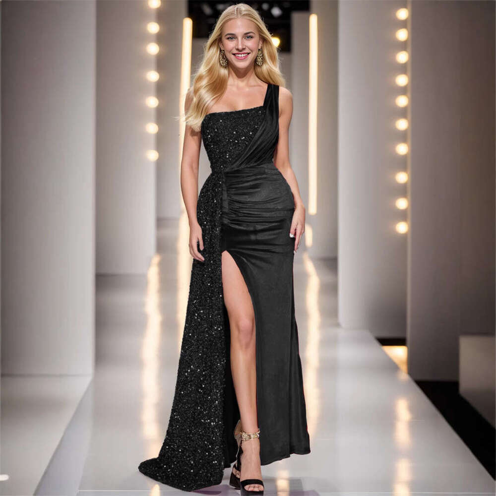 European and American light feeg fish tail high-end banquet host single shoulder evening dress women's 2025 temperament versatile new trend cloth