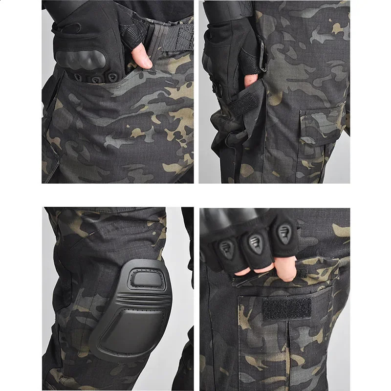 Summer Black Camo Training Set Mens Half Zip Combat Tops Waterproof Tactical Suit Elastic Multiple Pockets Quick Drying 3-pcs 250218