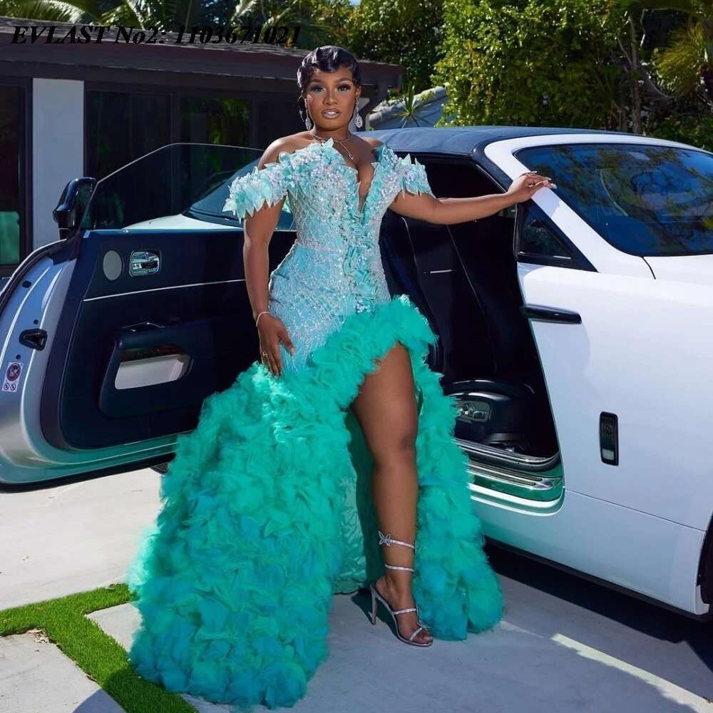 EVLAST Customized Green Ruffles Prom Dress Mermaid Dia Crystal Beaded Black Girl High Slit Evening Party Gown E2P134
