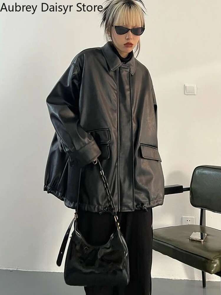Winter Black Punk Women Streetwear Moto Biker Zipper Coat High Street Casual Vintage Leather Jacket 2023