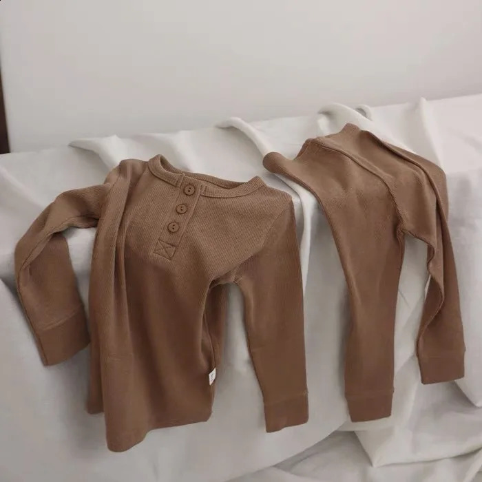 2024 Spring Children Retro Ribbed Pajamas Suit Kid Boy Girl Solid Casual TopsPants Pyjamas 2pcs Baby Homewear Cotton Sleepwear 250218