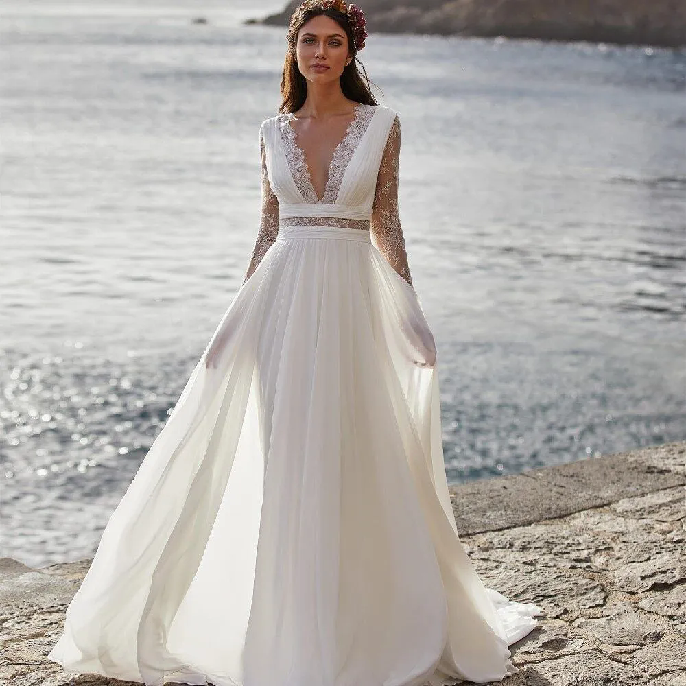 Lace Boho Wedding Dresses V Neck Elegant A-Line Sleeveless 3D Appliqued Party Gown Side Split Sexy Backless Dress 01