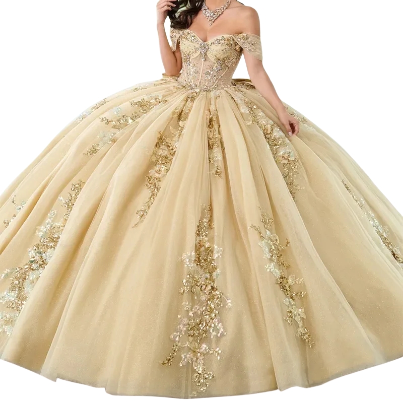 Champagne Princess Quinceanera Dresses With Bow Back Off Shoulder Puffy Ball Gown Sweet 16 Dress Appliques Lace Beaded Sweetheart Vestido De 15 Anos