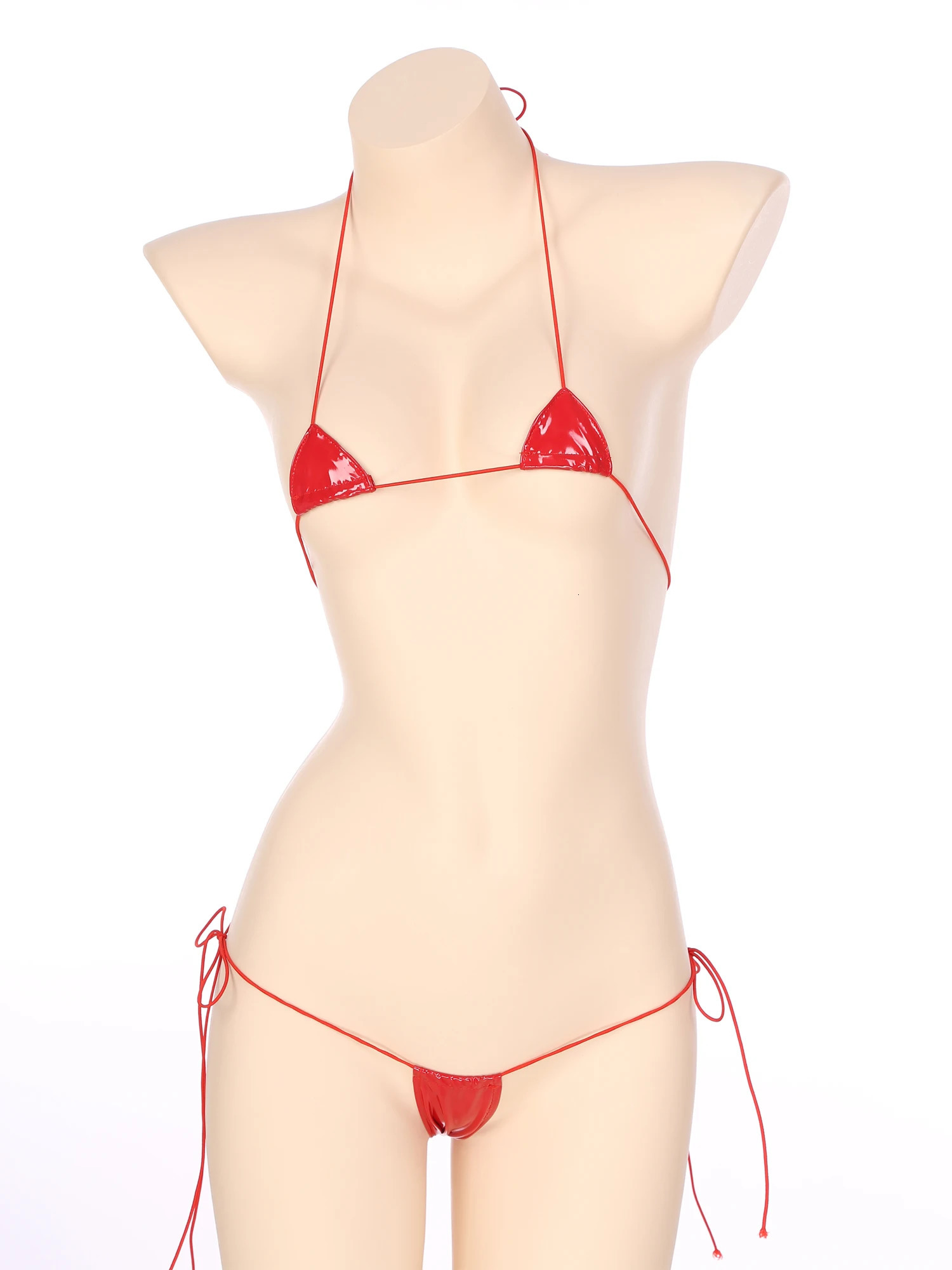 Womens Micro Bikini Set Wet Appearance Patent Leather Two Piece Underwear Strap Bra 250219