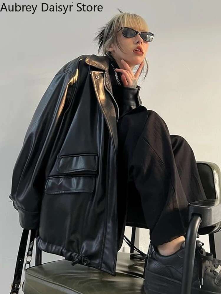 Winter Black Punk Women Streetwear Moto Biker Zipper Coat High Street Casual Vintage Leather Jacket 2023