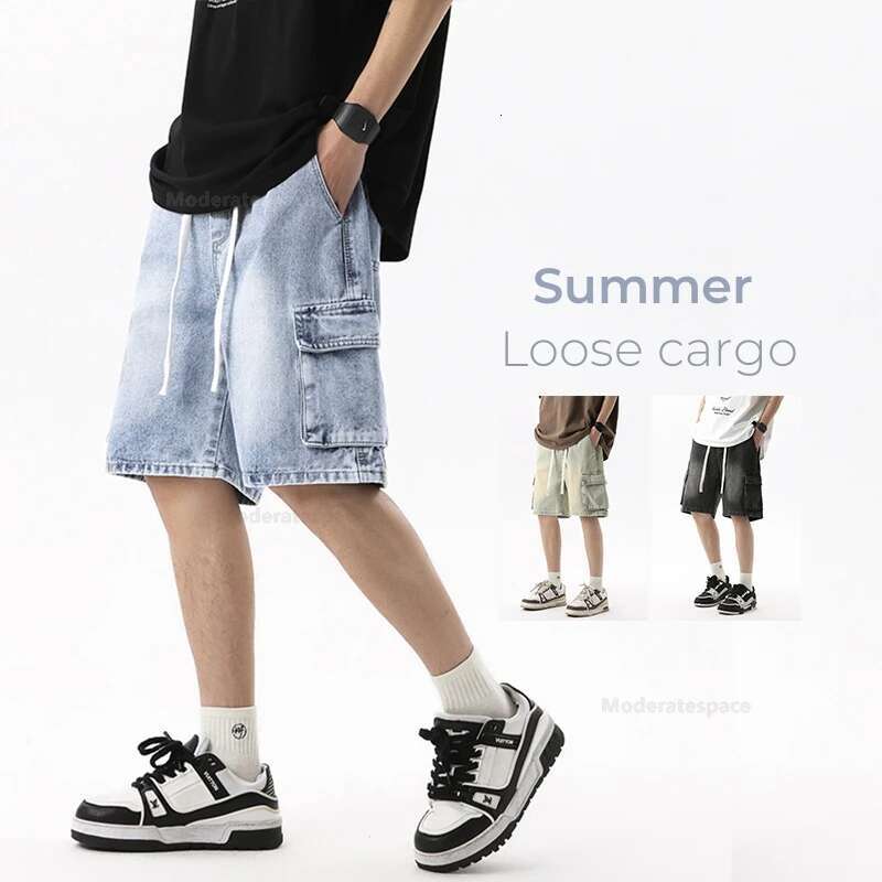 2025 Summer New Work Pants Men's Designer Pocket Denim Shorts Elastic Waist Loose Casual Fashion Straight Tube High Street Width Knee Length Deni