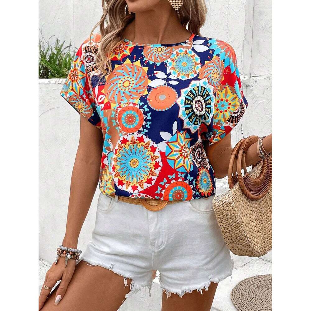 Elegant Fashionable Versatile Round Neck Printed Short Sleeved Shirt For European And American Women