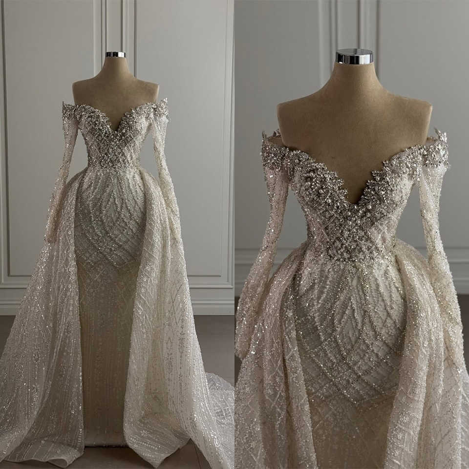 Gorgeous Mermaid Wedding Dress Sweetheart Neck Long Sleeves Bridal Gowns Crystal Sequins Detachable Train Dresses Custom Made vestidos de novia