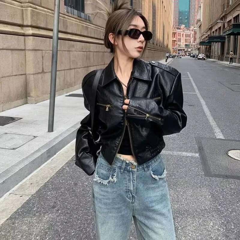 Vintage Pu Leather Motorcycle Bomber Jacket Double Zipper Long Sleeve Streetwear Autumn Short Tops Korean Chic Black Coat