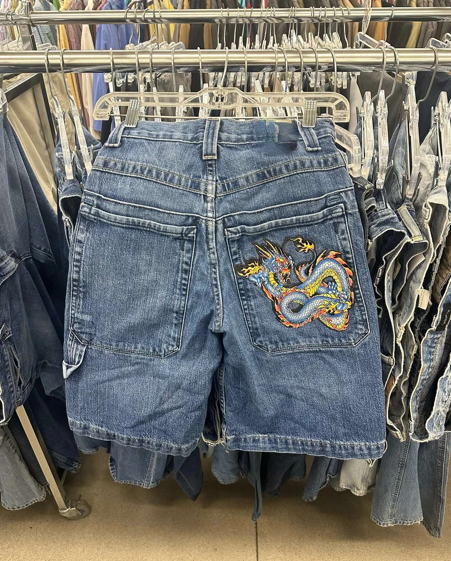 2000s Style Chinese Loong Hip Hop Denim Summer New Designer Loose Denim Shorts Gothic Jorts Y2k Retro Blue Men's Wide Leg Workwear Shorts