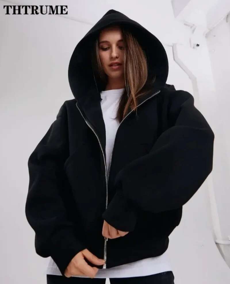 Elegant Oversized Solid New Hoodies Fashion Women Autumn Winter Long Sleeve Hooded Tops Casual Zipper Pocket Vintage Sweatshirts