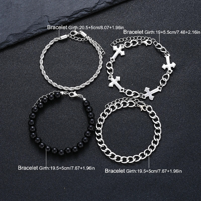 4piece stainless steel bracelet set suitable for men women punk fashionable cross bead chain simple hiphop neutral jewelry gift 250213