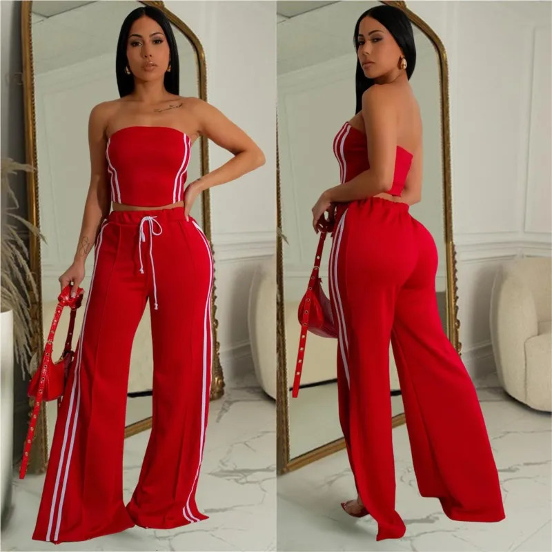 Sexy Strapless Set Striped Ribbon Crop Tube Top Wide Leg Pants Suits Summer Streetwear Two 2 Piece Set Casual Womens Outfits 250218