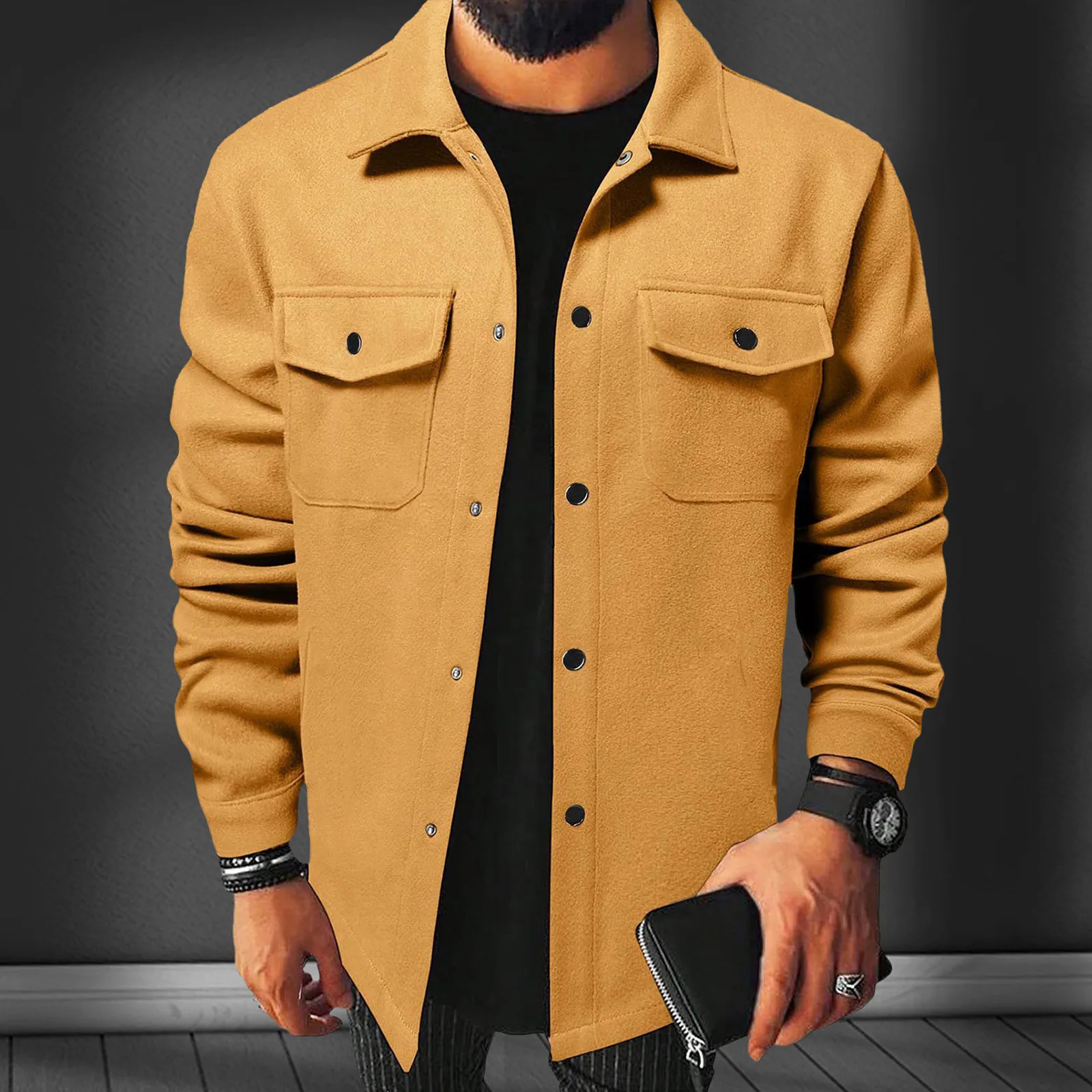 MenS Classic Solid Color Wool Jacket Casual Single Breasted Lapel Shirt Windbreaker Winter Men 250218