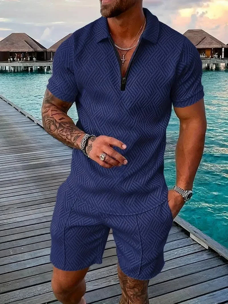 Summer mens suit solid color striped polo shirt short sleeve shorts oversized 250219