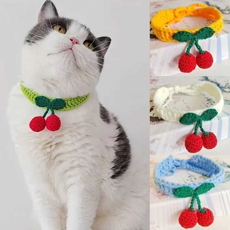 Cat Collars Adjustable Pet Collar With Cherry Handmade Knitted Cat Necklace Cute Collars For Cats Kittens Puppies Pet SuppliesXJ250218