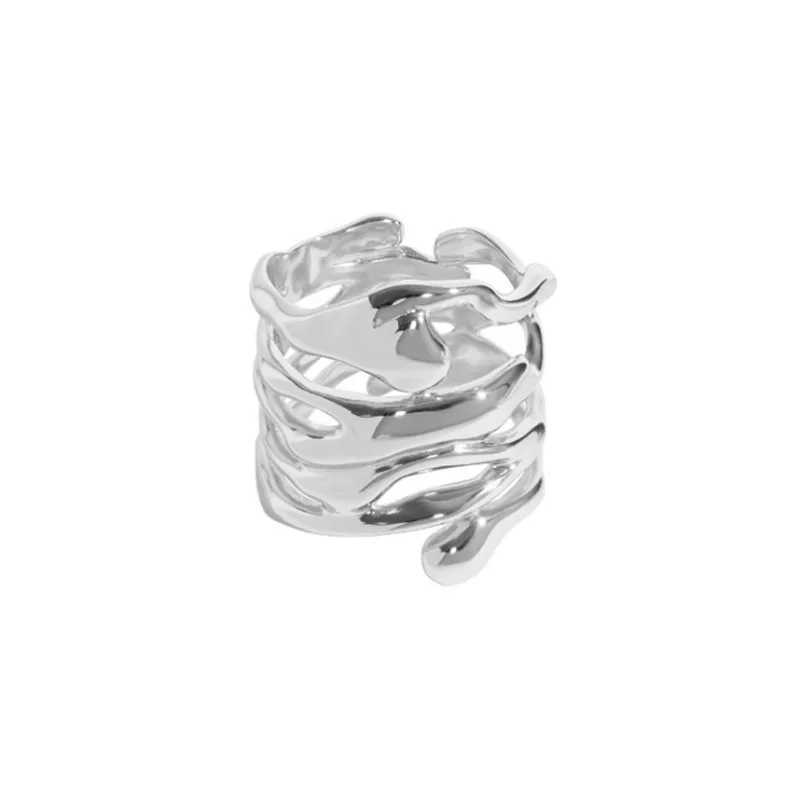 2024 New Arrival Irregular Hollow Silver Color Wide Ring Female Fashion Retro Unique Design Handmade Jewelry GiftsXJ250219