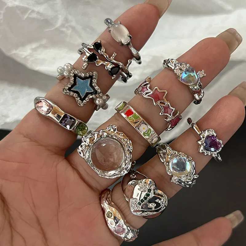 Kpop Y2K Punk Vintage Crystal Heart Star Ring Irregular Geometry Rings Set For Women Girl Fashion Korea Goth Jewelry AccessoriesXJ250219