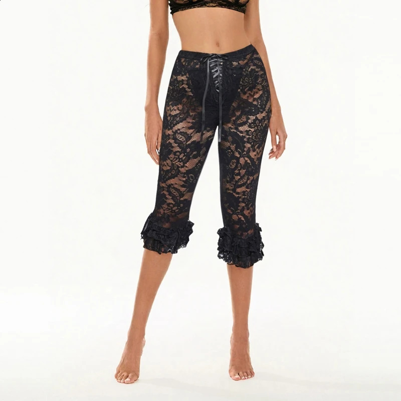 Women Floral Lace Pants Coquette See-Through High Waist Ruffles Hem Trousers Summer Casual Pants Stretch Crop Leggings 250218