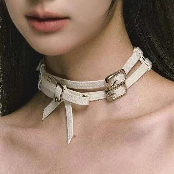 White bow leather collar, women's choker neck accessories necklace, niche high-end new style