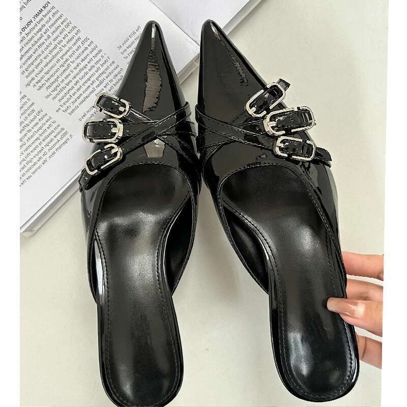 Fashion Narrow Band Buckle Strap Mule Women Slippers Elegant Pointed Toe Thin High Heels Banquet Prom Spring Shoes