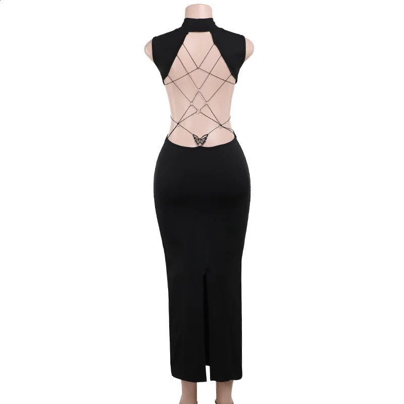 Sexy Backless Bandage Bodycon Maxi Dress Women Turtleneck Sleeveless Black Gothic Party Vestido Spring Fall Y2K Clothes 250218