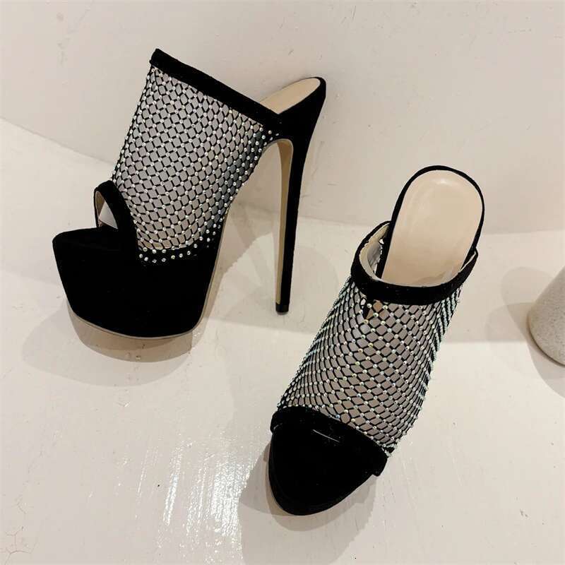 Design Peep Toe CRYSTAL Mesh Fabric Sexy Women Slippers Stiletto Platform High Heels Female Nightclub Shoes