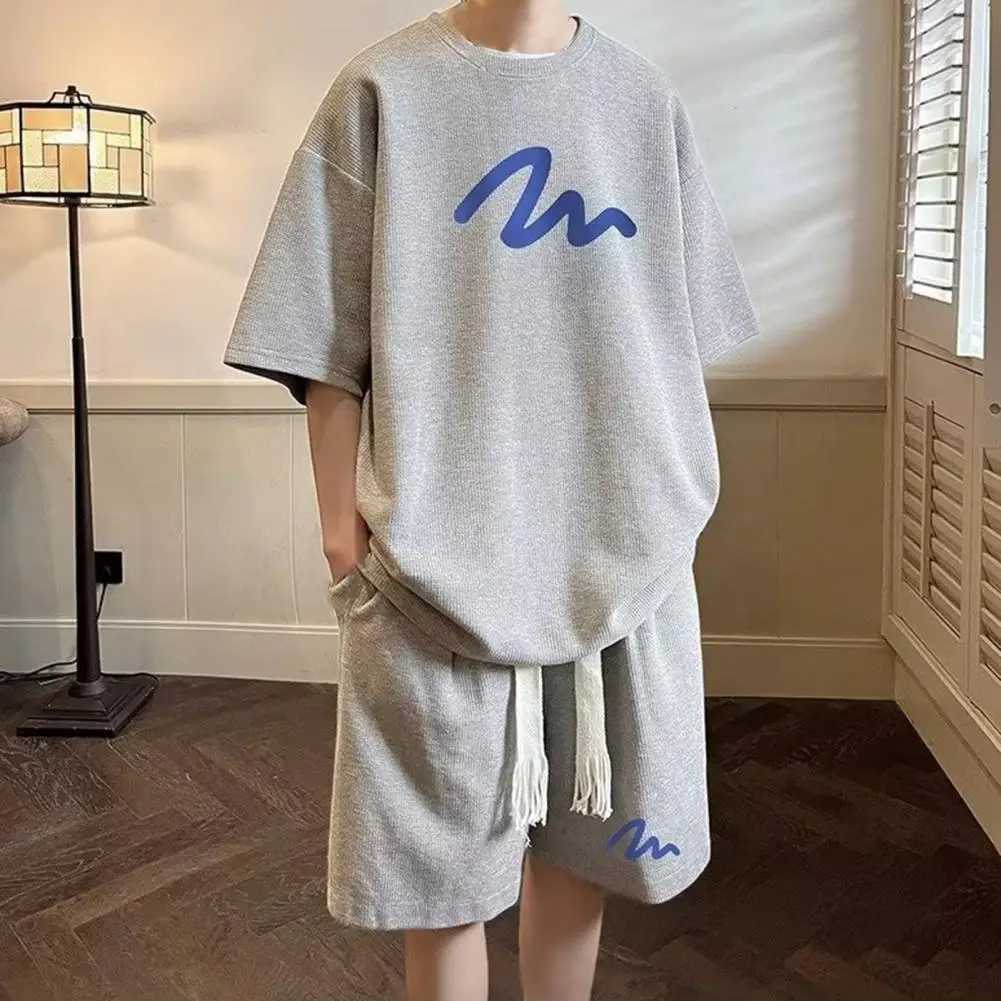 Oversized Tracksuit Waffle Handsome Two-piece Set Summer Men Suit Tops Wide Leg Shorts Short-sleeved Shirt+Letter Shorts SuitXJ250218