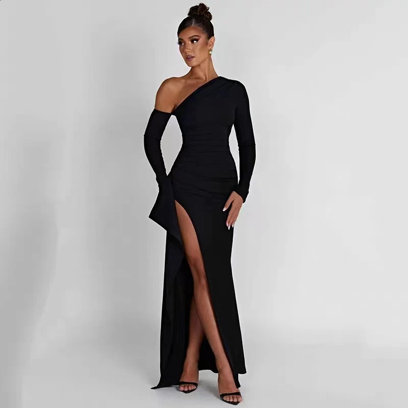 Slant Shoulder Long Sleeved Dress off Shoulder High Slit Sexy Evening Dress Elegant Fashionable Banquet Party Slim for Slimming 250218