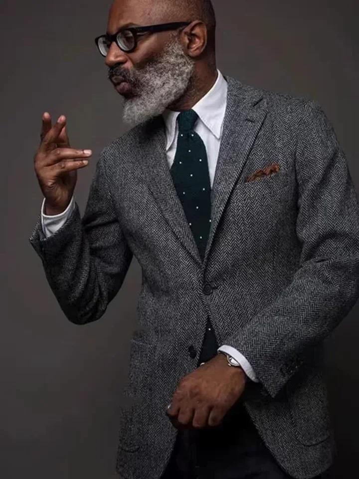 Grey Wool Tweed Winter Suit Blazer Single Breasted Suit Jacket Formal Fashion Notch Lapel Herringbone Coat for Wedding/Business 250213