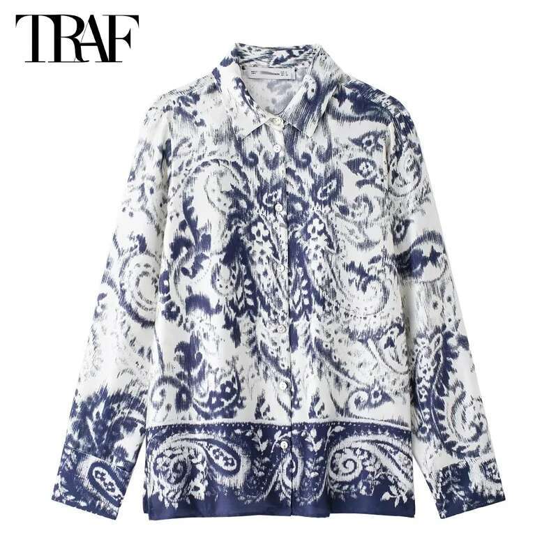 Women's Shirt Print Button Up For Summer Boho Casual Women Long Sleeve Shirts And Blouses Female
