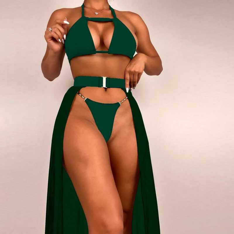 Women Sexy Thr Piece Bikini Set Solid Mid Open Mesh Skirts 3 Pcs Bathing Suits Halter Neck Tops Two Side Belt Beachwear 2025 W250219