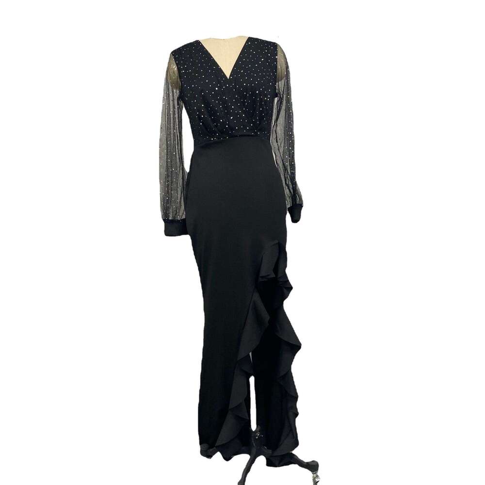 hip hing mid waist cinched black artistic mesh sequin commuting long skirt dress 2025 temperament versatile new trendy clothing ins