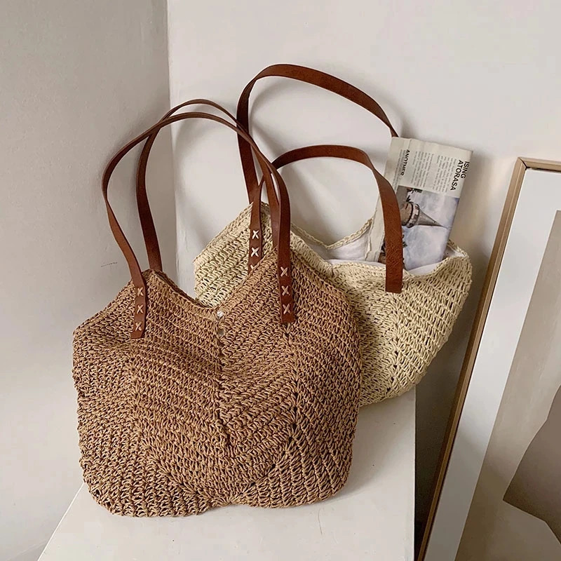 Summer Straw Woven Shoulder Bag Rattan Beach Large Capacity Tote Bags Handmade Vacation Travel Handle Bag Shopping Handbag Bolsa 250120