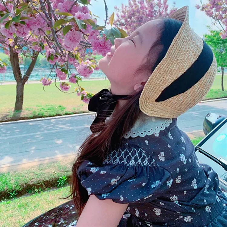 Cute Vintage Children Baby Girls Straw Plaited Hat Lace Up Beach Holiday Outdoor Summer Sun Block Hat Cap for Kids Sun Hats 250219