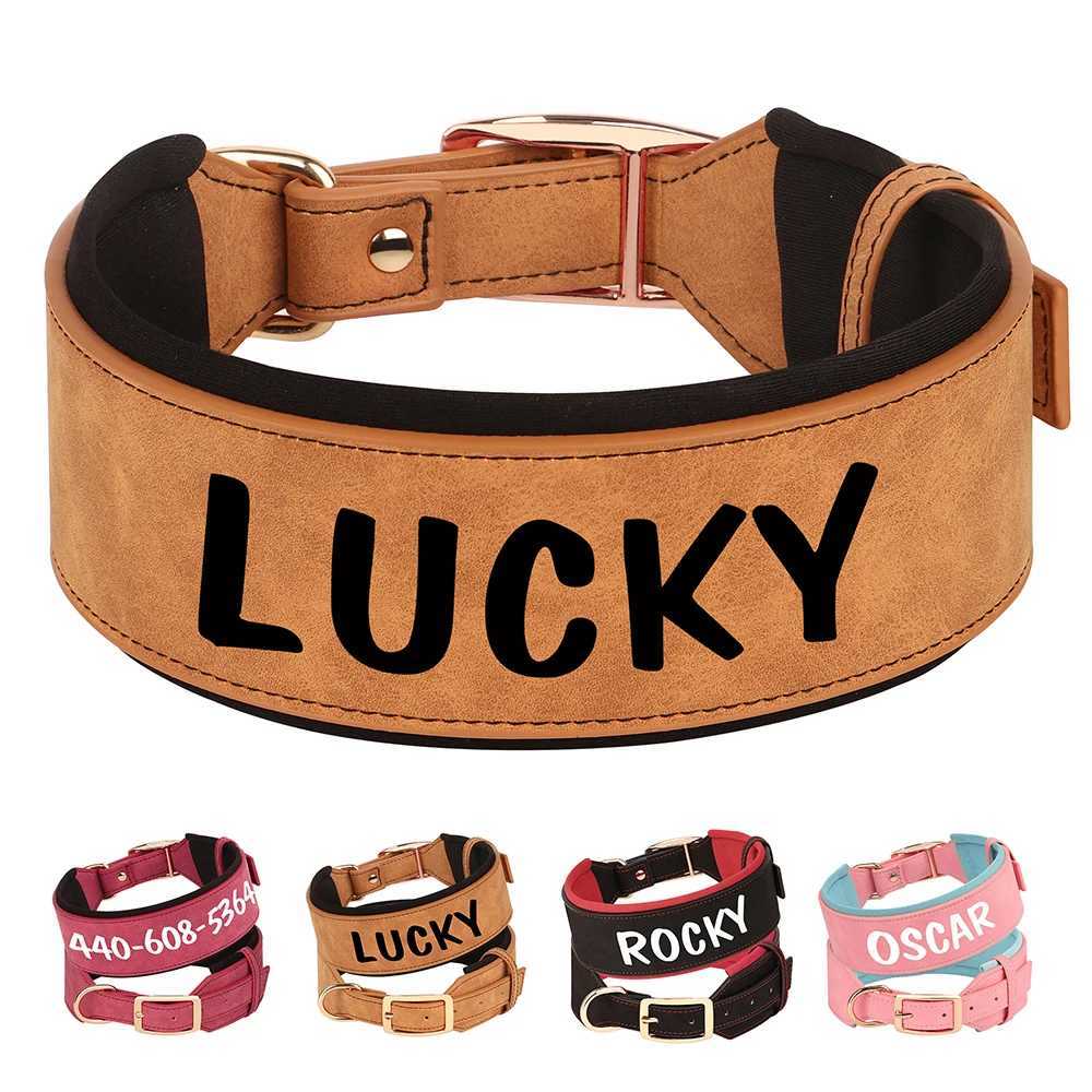 Customized Leather Dog Collar Personalized Wide Padded ID Collars Free Print Name Number For Medium Large Dogs Greyhound W250219