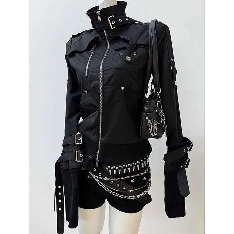 Goth Style Hip Hop Hoodies Punk Retro Moto Biker Coat Vintage Y2k Jacket Stand Collar Casual Black Outwear 2025 Spring